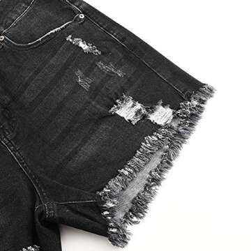 THUNDER STAR Women Mid Rise Ripped Stretchy Jeans Shorts Frayed Raw Hem Casual Denim Shorts Black L