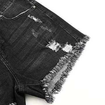 THUNDER STAR Women Mid Rise Ripped Stretchy Jeans Shorts Frayed Raw Hem Casual Denim Shorts Black L