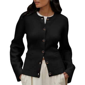 Langwyqu Womens Button Down Cardigan Sweaters Open Front Long Sleeve Slim Fit Sweater Coat Winter Solid Outwear with Pockets Black