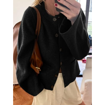 Langwyqu Womens Button Down Cardigan Sweaters Open Front Long Sleeve Slim Fit Sweater Coat Winter Solid Outwear with Pockets Black