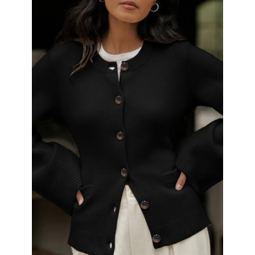 Langwyqu Womens Button Down Cardigan Sweaters Open Front Long Sleeve Slim Fit Sweater Coat Winter Solid Outwear with Pockets Black