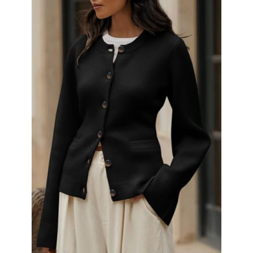 Langwyqu Womens Button Down Cardigan Sweaters Open Front Long Sleeve Slim Fit Sweater Coat Winter Solid Outwear with Pockets Black