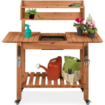 Mobile Garden Potting Bench with Sliding Tabletop