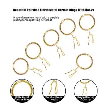 40 Pcs Metal Curtain Rings Drapery Rings Curtain Rod Rings and Metal Curtain Hooks Drapery Hooks Drapery Pins, 30 mm Internal Diameter Curtain Hanging Rings for Window Door Shower Curtain (Gold)