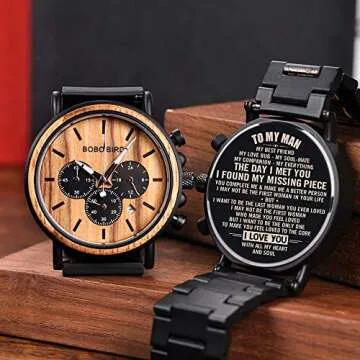 BOBO BIRD Mens Personalized Engraved Wooden Watches, Stylish Wood & Stainless Steel Combined Quartz Casual Wristwatches for Men Family Friends Customized Watch (A-Lover for Man)