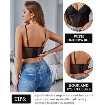 Avidlove Lace Bustier Corset Tops for Women Sexy Going Out Party Club Top with Underwired Black Medi...