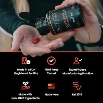 SmarterVitamins 200mg Caffeine Pills - MCT Oil from 100% Coconuts + 100mg L-Theanine, Energy and Focus, Extended Release Capsule, 50 Liquid Softgels