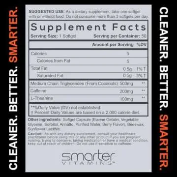 SmarterVitamins 200mg Caffeine Pills - MCT Oil from 100% Coconuts + 100mg L-Theanine, Energy and Focus, Extended Release Capsule, 50 Liquid Softgels
