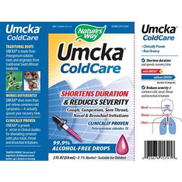 Nature's Way Umcka ColdCare Homeopathic, Shortens Colds, Sore Throat, Cough, and Congestion, Phenylephrine Free, Non-Drowsy, Cherry Flavored, 2 Fl. Oz Drops