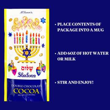 Needzo Shamlom Hanukkah Double Hot Chocolate Mix Packets, Individually Packaged Cocoa Powder, Jewish Holiday Gifts, Pack of 4
