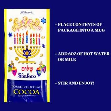 Needzo Shamlom Hanukkah Double Hot Chocolate Mix Packets, Individually Packaged Cocoa Powder, Jewish Holiday Gifts, Pack of 4
