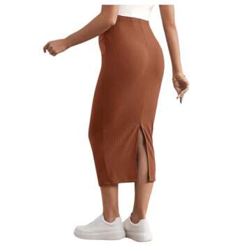 SHENHE Women's Maternity Skirt Adjustable Rib Knit High Waist Split Pencil Long Skirt Brown Small
