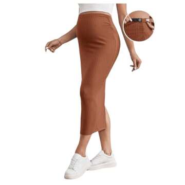 SHENHE Women's Maternity Skirt Adjustable Rib Knit High Waist Split Pencil Long Skirt Brown Small