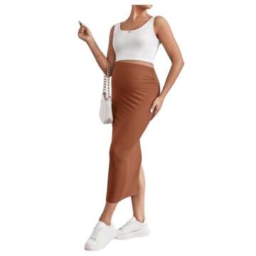 SHENHE Women's Maternity Skirt Adjustable Rib Knit High Waist Split Pencil Long Skirt Brown Small