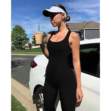 Picaurshe Women Yoga Rompers Sleeveless Workout Ribbed Square Neck Long Sport Tank Bodycon Jumpsuits