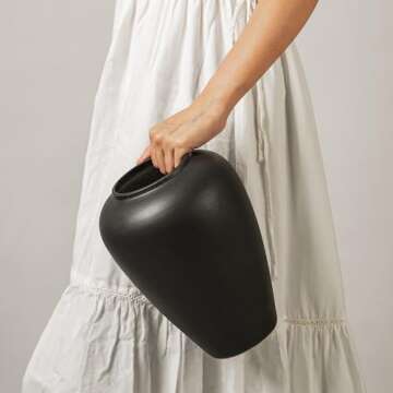 MORSHA Ceramic Black Vase Home Decor, Flower Vase Modern Trendy Black Vase, Minimalist Farmhouse Table Gift CuteTall Vintage Bookshelf Dining and Coffee Table Decor,Size 9" (23cm) 1pack