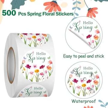 Louise Maelys 500 Pcs Spring Flowers Stickers Roll, 1.5 Inch Hello Spring Floral Holiday for Kids and Adult, Adhesive Decoration Round Labels for Baking Card Gift Envelope Craft Making
