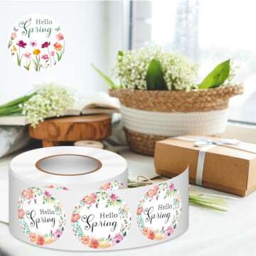 Louise Maelys 500 Pcs Spring Flowers Stickers Roll, 1.5 Inch Hello Spring Floral Holiday for Kids and Adult, Adhesive Decoration Round Labels for Baking Card Gift Envelope Craft Making