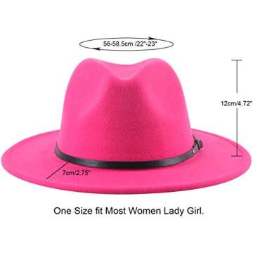 Lanzom Womens Classic Wide Brim Floppy Panama Hat Belt Buckle Wool Fedora Hat (One Size, Rose)