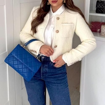 Stylish URBAN REVIVO Women's Tweed Cropped Blazer Jacket