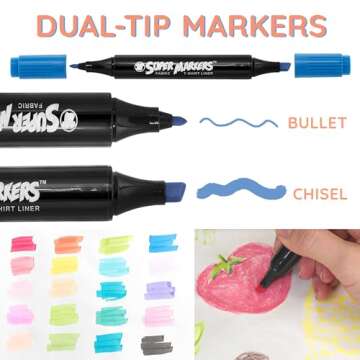 Super Markers 20 Unique Pastel Colors Dual Tip Fabric & T-Shirt Marker Set - Double-Ended Fabric Markers with Chisel Point and Fine Point Tips - 20 Permanent Ink Vibrant and Bold Colors