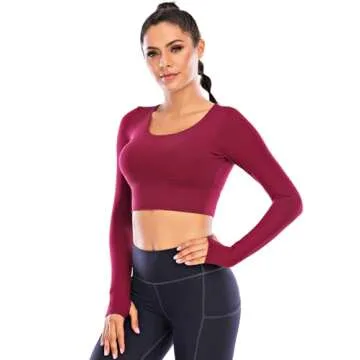 ECUPPER Women Long Sleeve Workout Tops Backless Yoga Gym Shirts Athletic Crop Top with Built in Bra for Fitness Sports Activewear Wine Red