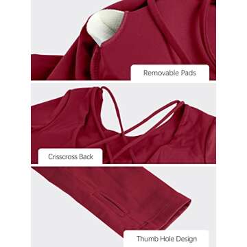 ECUPPER Women Long Sleeve Workout Tops Backless Yoga Gym Shirts Athletic Crop Top with Built in Bra for Fitness Sports Activewear Wine Red