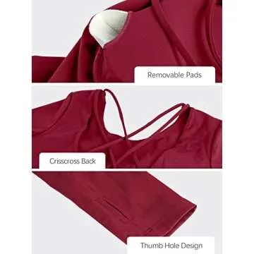 ECUPPER Women Long Sleeve Workout Tops Backless Yoga Gym Shirts Athletic Crop Top with Built in Bra for Fitness Sports Activewear Wine Red