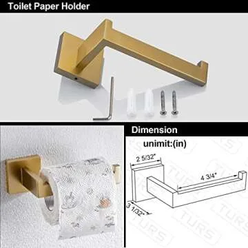TURS Brushed Gold 3-Piece Bathroom Hardware Set Stainless Steel Gold Hand Towel Holder Toilet Paper Holder Towel Hook Wall Mounted.