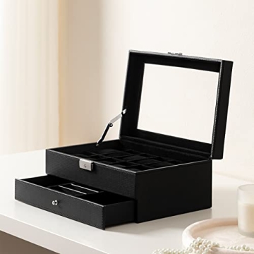 Elegant Oyydecor 12 Slot Watch Box with Jewelry Drawer