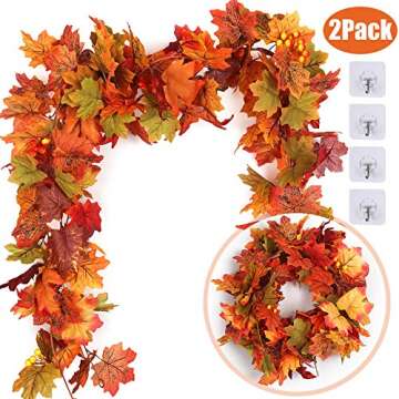 RECUTMS 2 Pcs Artificial Autumn Maple Leaves Garland 5.7Ft/Pieces Fall Garland Hanging Vine Garland ...
