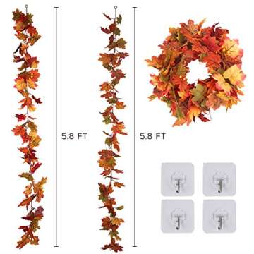 RECUTMS 2 Pcs Artificial Autumn Maple Leaves Garland 5.7Ft/Pieces Fall Garland Hanging Vine Garland Vines Hanging Plants Colorful Fall Decor for Home Christmas Garland Wedding Party