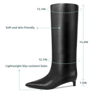 COMJUY Black Kitten Heel Knee High Boots for Women, 1.5-in Stiletto Low Heel Long Boots Women Knee H...