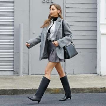 COMJUY Black Kitten Heel Knee High Boots for Women, 1.5-in Stiletto Low Heel Long Boots Women Knee High, Womens Pull on Pointed Toe Tall Boots, Below the Knee Boots Faux Leather Size 9