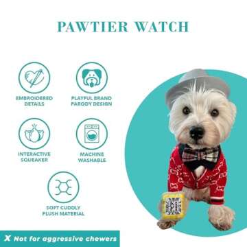 Haute Diggity Dog Pawtier Watch, Plush Designer Dog Toys with Interactive Squeaker, Stimulating Pet Enrichment, Machine-Washable & Safe Materials for All Breeds, One Size