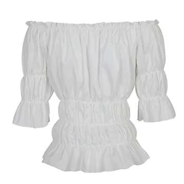 Women Renaissance Blouse Victorian Steampunk Pirate Shirt Off Shoulder Short Sleeve Smocked Blouse Tops White Large