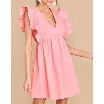 FANCYINN Women's Summer Casual Babydoll Mini Dress Ruffle Sleeveless Deep V Neck Pleated Swing Flowy Tunic Dress Pink L