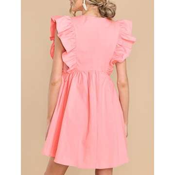FANCYINN Women's Summer Casual Babydoll Mini Dress Ruffle Sleeveless Deep V Neck Pleated Swing Flowy Tunic Dress Pink L