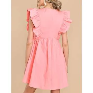 FANCYINN Women's Summer Casual Babydoll Mini Dress Ruffle Sleeveless Deep V Neck Pleated Swing Flowy Tunic Dress Pink L