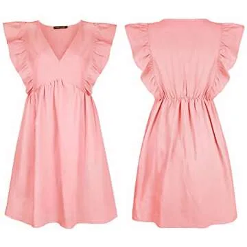 FANCYINN Women's Summer Casual Babydoll Mini Dress Ruffle Sleeveless Deep V Neck Pleated Swing Flowy Tunic Dress Pink L