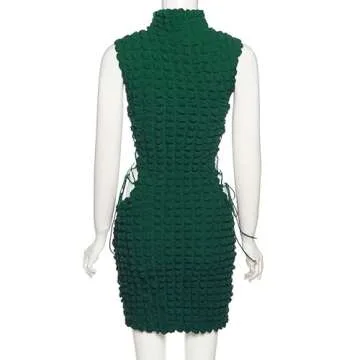 DOUCIU Women,s Stacked Mini Dress High Neck Sleeveless Hollow Out Lace Bodycon Party Clubwear Dresses (X-Large, Green)