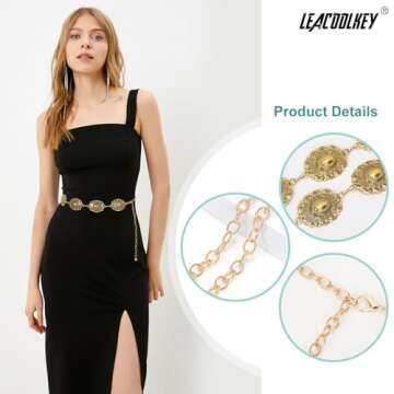 LEACOOLKEY Women Gold Western Concho Chain Belt Boho Metal Western Cowgirl Chain Belt for Dress Adju...
