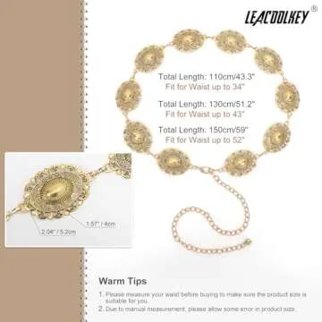 LEACOOLKEY Women Gold Western Concho Chain Belt Boho Metal Western Cowgirl Chain Belt for Dress Adjustable