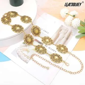 LEACOOLKEY Women Gold Western Concho Chain Belt Boho Metal Western Cowgirl Chain Belt for Dress Adjustable