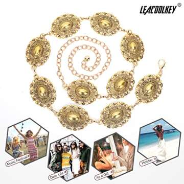 LEACOOLKEY Women Gold Western Concho Chain Belt Boho Metal Western Cowgirl Chain Belt for Dress Adjustable