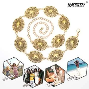 LEACOOLKEY Women Gold Western Concho Chain Belt Boho Metal Western Cowgirl Chain Belt for Dress Adjustable