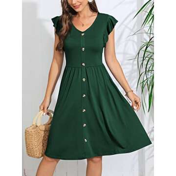 Lamilus Women's Casual Summer Ruffle Sleeve V-Neck Button Down A-Line Swing Party Dress (M,026-Dark Green)