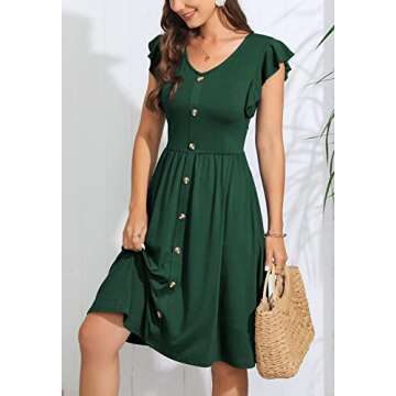 Lamilus Women's Casual Summer Ruffle Sleeve V-Neck Button Down A-Line Swing Party Dress (M,026-Dark Green)