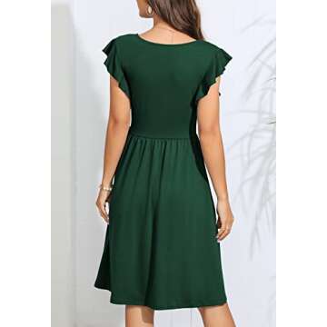 Lamilus Women's Casual Summer Ruffle Sleeve V-Neck Button Down A-Line Swing Party Dress (M,026-Dark Green)
