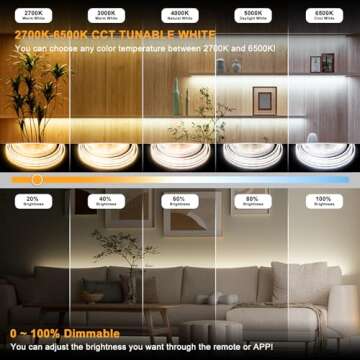 PAUTIX COB LED Strip Light White CCT Tunable 24ft/7.5m,UL-Listed 4800LEDs Dimmable 2700K-6500K CRI90...